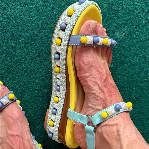 EUC- adorable Christian Louboutin Yellow/Blue Sandals, 38 Sandals